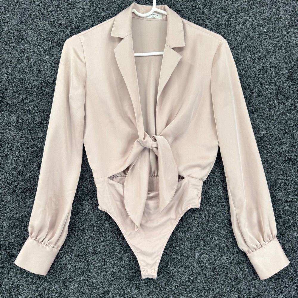 Babaton Aritzia Tie Front Satin Bodysuit Dusty Rose Pink Long Sleeve XS